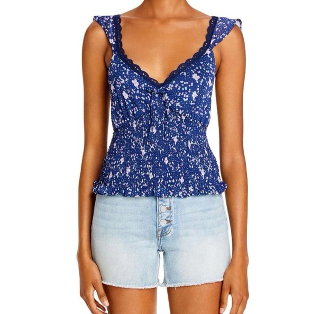 AQUA Blue Abstract Dot Print Smocked Top S